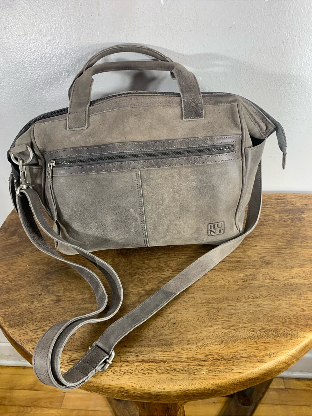 Vintage Hunt Leather Briefcase Messenger Bag Gray Brown Distressed Leathe